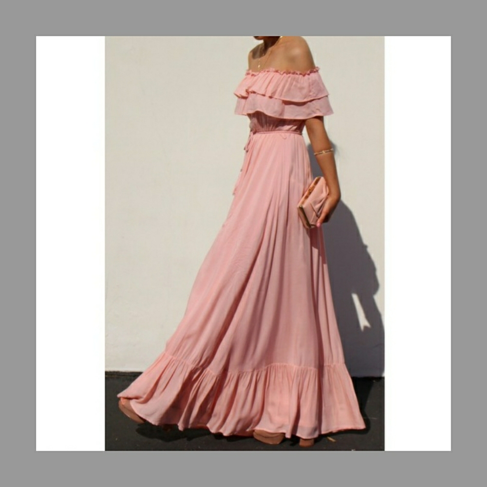 Pink Off shoulder with ruffle detail Maxi Dress